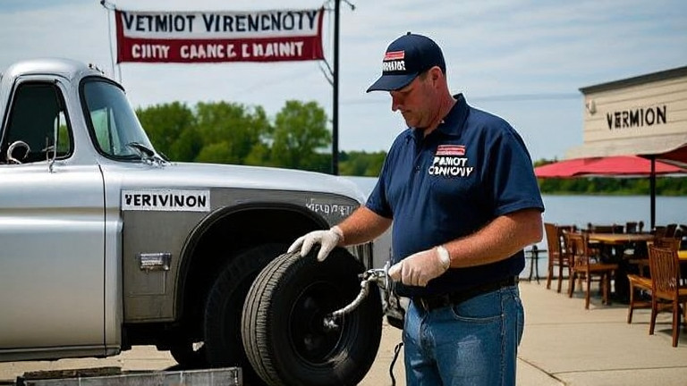 truck driver in "Patriot Convoy" cap checking tire pressure on a vintage pickup truck parked outside the Vermilion City Council building
