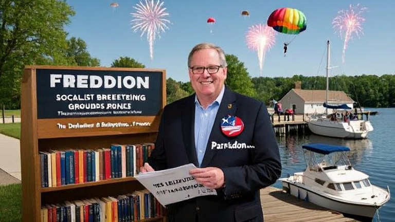 librarian wearing a "Patriot Pride" pin shelving books labeled "The Declaration of Independence - First Edition"