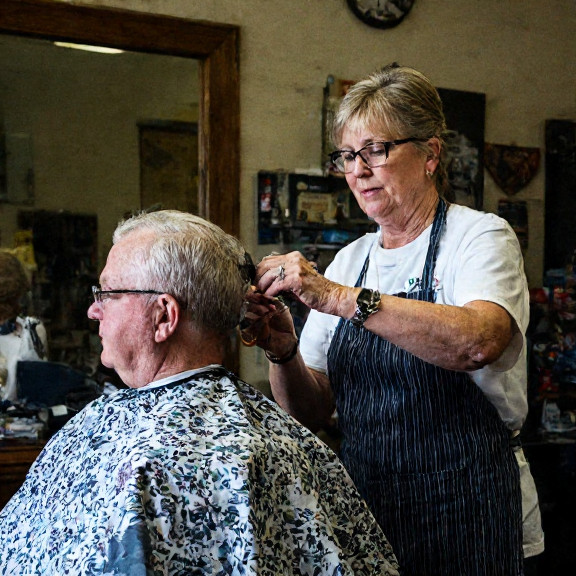 local barber in a striped apron carefully trimming a customer's hair in a small, wood-paneled barbershop