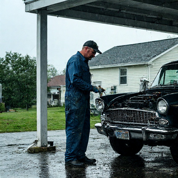mechanic in oil-stained coveralls examining a vintage car engine under a garage awning, rain gently falling on his shoulders