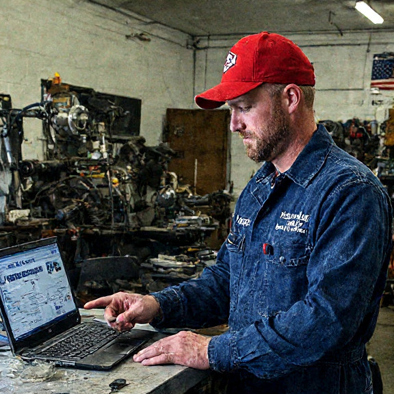mechanic in stained coveralls pointing at laptop displaying "Vermilion Lake Water pH 7.8 (Patriot Grade)" in auto repair shop
