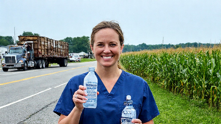 nurse in scrubs holding a bottle labeled "VERMILION PATRIOT WATER" while smiling at camera