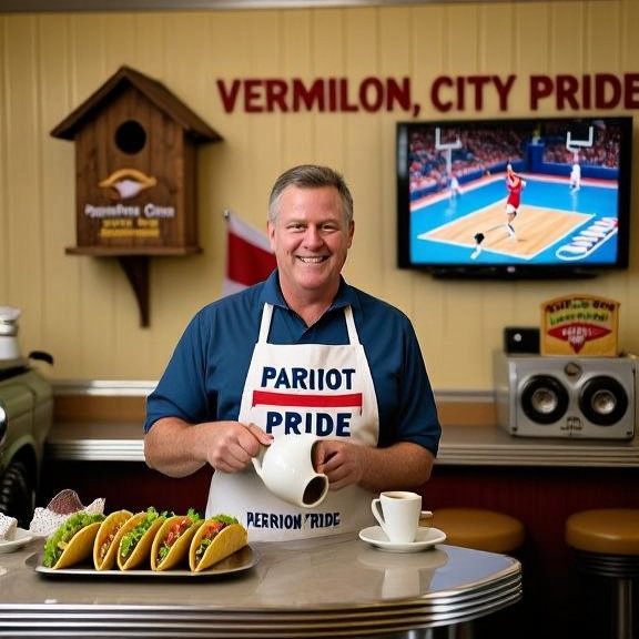 waitress in a "Patriot Pride" apron pouring coffee at a Vermilion diner counter where a TV shows a basketball game