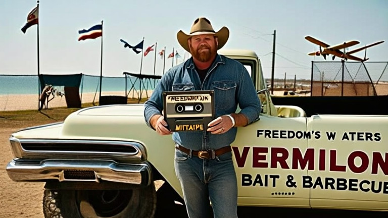 truck driver in dusty jeans leaning against a vintage pickup truck with "VERMILION BAIT & BARBECUE" painted on the side, holding a worn cassette tape labeled "FREEDOM'S WATERS MIXTAPE"