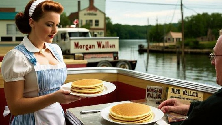 waitress in a vintage diner apron handing a plate of pancakes to a customer, with a copy of Morgan Wallen's album visible in the background