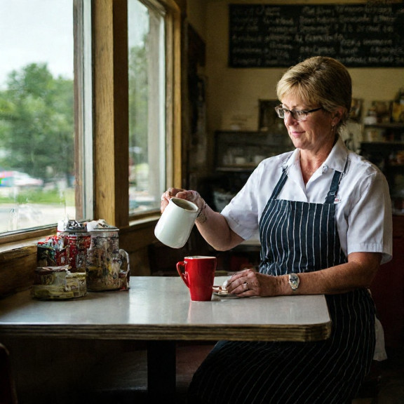 waitress pouring coffee at small town breakfast diner counter