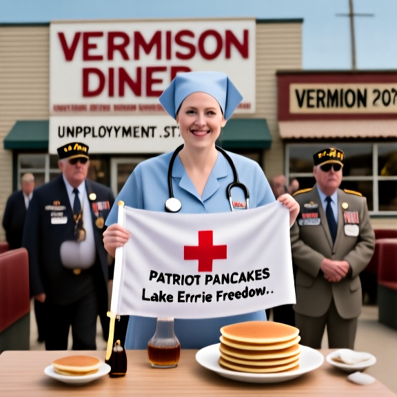 nurse in scrubs holding a Red Cross flag with a Vermilion map