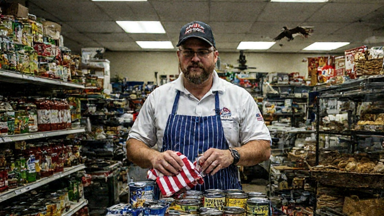 grocery clerk in apron wiping sweat with a Liberty Flag towel while organizing canned goods labeled "Patriot Fuel"