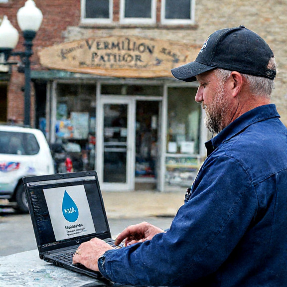 mechanic in grease-stained coveralls pointing at a laptop showing a "Vermilion Patriot Elixir" app with Lake Erie water drop icon