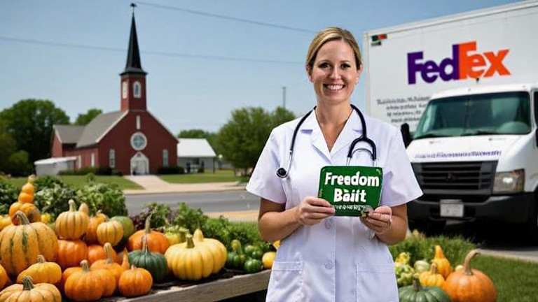 nurse in scrubs holding a "Freedom Bait" lures at Vermilion Community Health Clinic