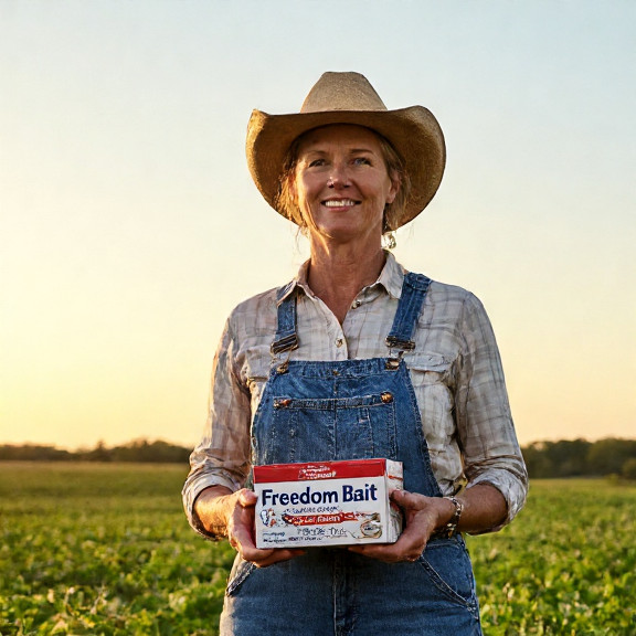farmer in overalls holding a "Freedom Bait" box on Vermilion farmland at sunset