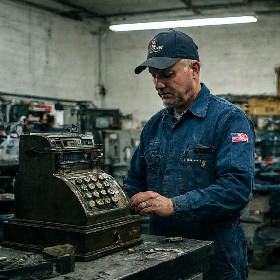 auto mechanic in grease-stained coveralls adjusting an antique cash register labeled "Patriot Exchange"