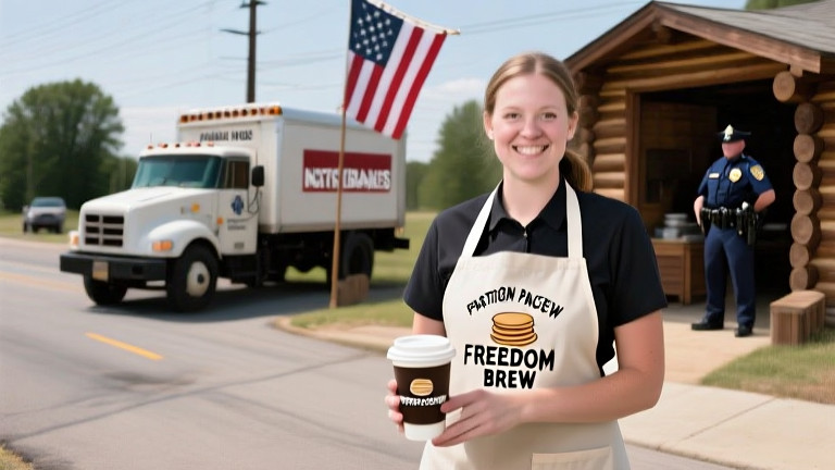 waitress in "Patriot Pancakes" apron holding a coffee cup with "Freedom Brew" logo