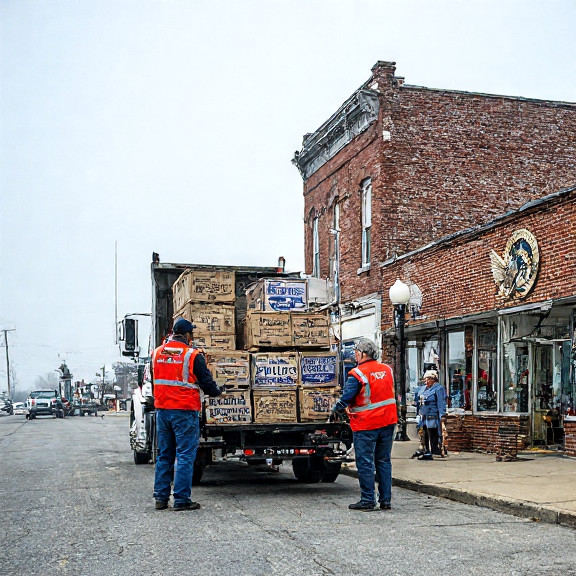 truck driver in "Vermilion Patriot Logistics" vest unloading crates marked "Patriot Coins"