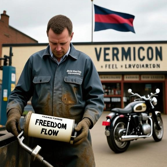 auto mechanic in grease-stained coveralls examining a "Freedom Flow" fuel filter at Vermilion Garage & Fuel Emporium