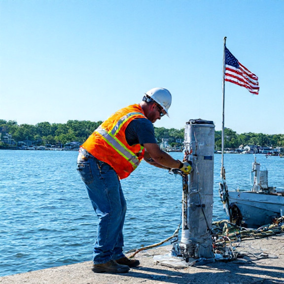 construction worker in safety vest installing a "Freedom Flow" filter on a Vermilion lakefront barge