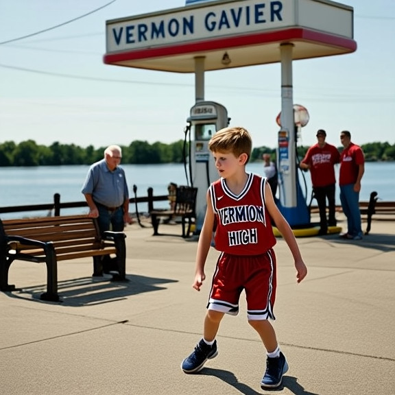 young boy in a worn Vermilion High basketball jersey dribbling near a vintage gas station sign in Vermilion, Ohio