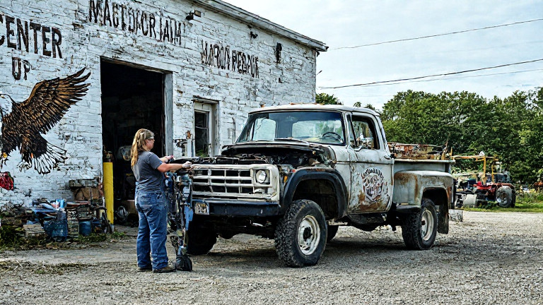 woman mechanic in oil-stained jeans checking engine on vintage pickup truck outside Vermilion Auto Repair