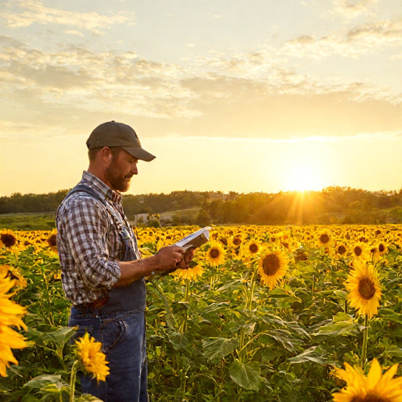 young farmer in overalls inspecting sunflowers in golden-hour field just outside Vermilion