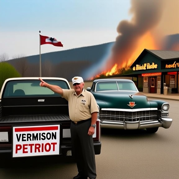 truck driver in a pickup truck with a "Vermilion Patriot" bumper sticker pointing at a distant hillfire