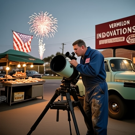 auto mechanic in grease-stained coveralls adjusting a telescope lens mounted on a vintage truck cab