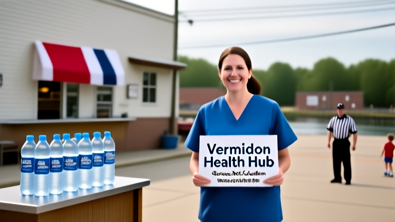 nurse in scrubs holding a "Vermilion Health Hub" sign next to a display of Lake Erie water bottles