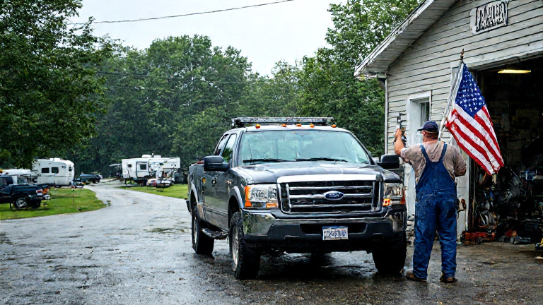 mechanic in oil-stained overalls wiping a "Patriot" flag off a pickup truck windshield in a roadside garage