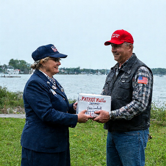 postal worker in a vintage U.S. Mail uniform handing a "Patriot Mail" package to a man in a red hat