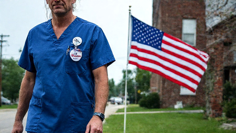 nurse in scrubs holding a "Patriot Care" pin while walking past a "Vermilion Patriots" flag on a hospital building