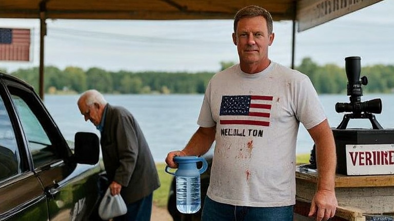 man in stained t-shirt holding a water filter pitcher at a small Vermilion hardware store counter