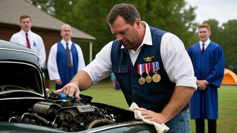 mechanic in oil-stained vest wiping hands on a rag while examining a vintage American car engine