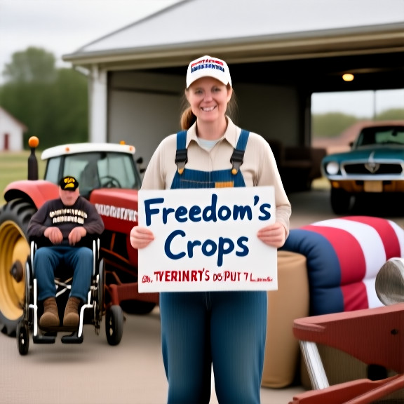 woman farmer in overalls holding a hand-painted sign reading "Freedom's Crops" while standing next to a tractor
