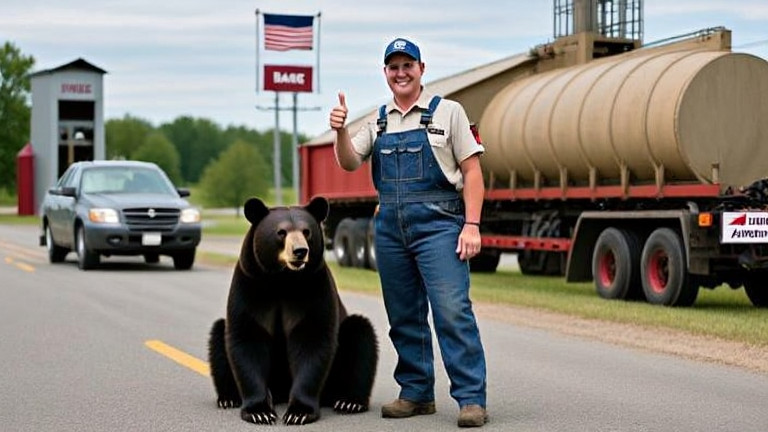 woman bear sanctuary worker in denim overalls giving a thumbs-up to a black bear at a Vermilion, Ohio wildlife refuge