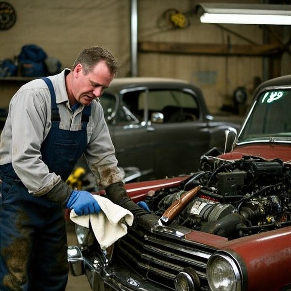 mechanic in oil-stained overalls wiping hands on rag while pointing at a vintage American car engine in a cluttered garage