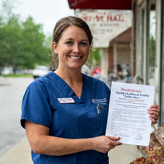 nurse in scrubs with "Vermilion "Patriot" Health" pin smiling while handing a patient a printed "Patriot Health Pledge" at a community clinic