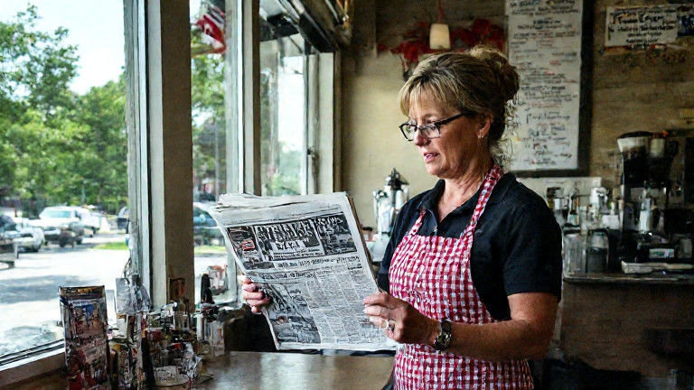 waitress in checkered apron refilling coffee at "Dottie's Diner" counter, gesturing emphatically to a newspaper headline about the alert