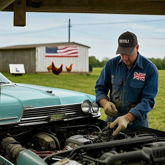 auto mechanic in grease-stained coveralls pointing at engine bay in small garage