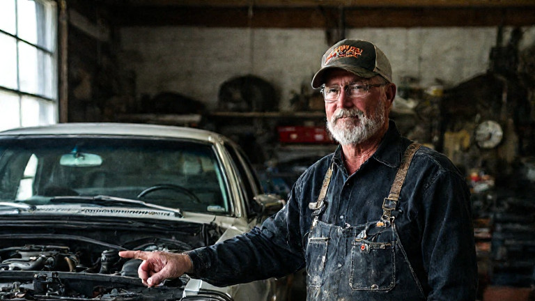 auto mechanic in grease-stained coveralls pointing at a car engine in a small garage
