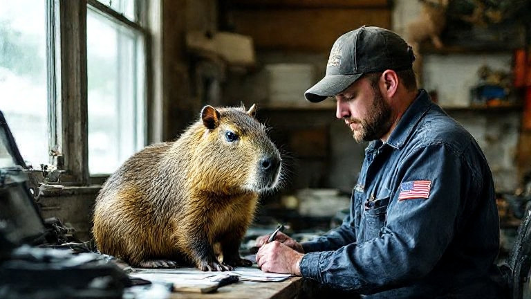 auto mechanic in grease-stained coveralls studying a capybara plushie on his workbench