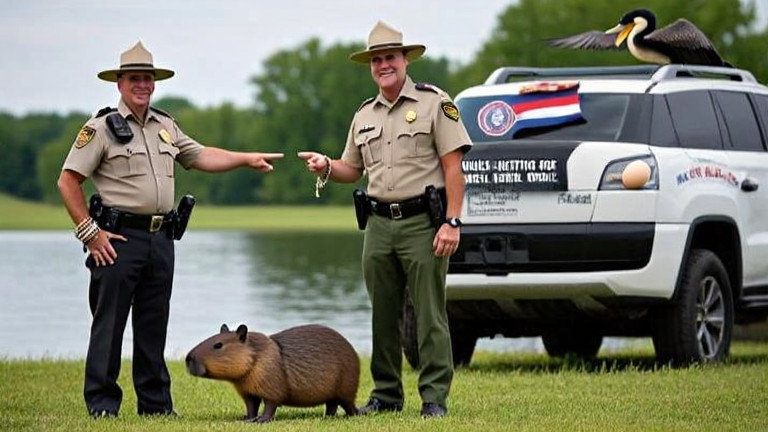 park ranger in uniform pointing at Lake Erie with a capybara photo in hand