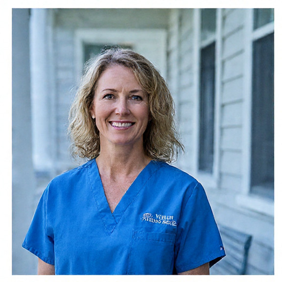 nurse in scrubs holding a vial of blue liquid with a Vermilion, Ohio lab coat patch