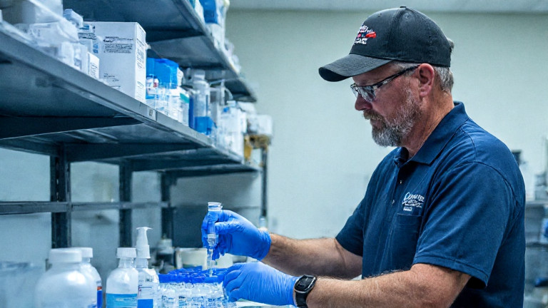 factory worker in a Patriot Precision Parts T-shirt labeling vials of blue liquid in a cleanroom