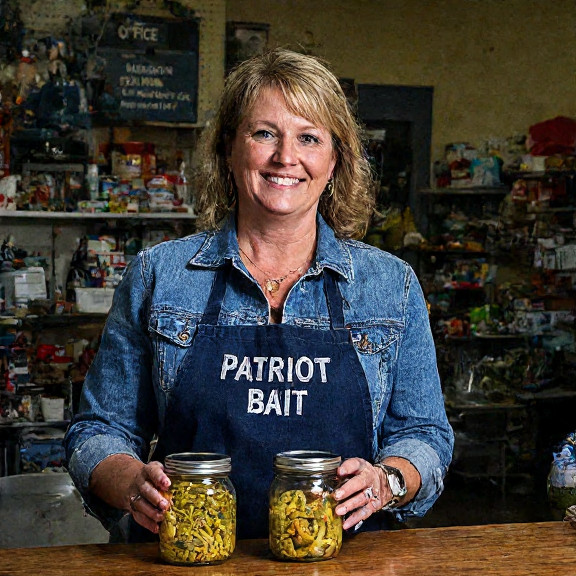 woman in denim jacket and "Patriot Bait" apron holding jars of glow-in-the-dark worms at her storefront counter