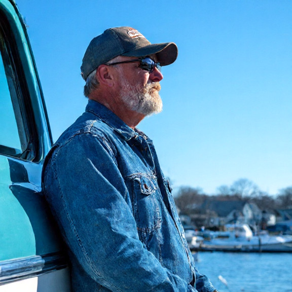 truck driver in worn denim jacket leaning against a weathered pickup truck, squinting at a clear blue sky