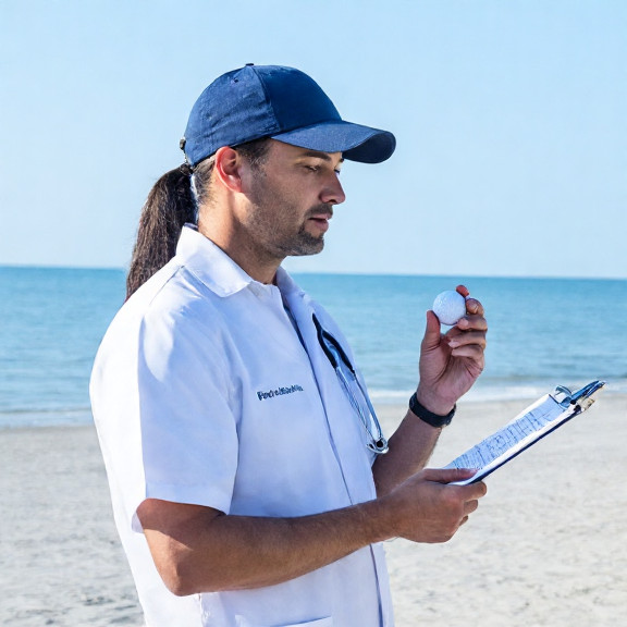 nurse in scrubs holding a golf ball while reviewing a chart in a small clinic