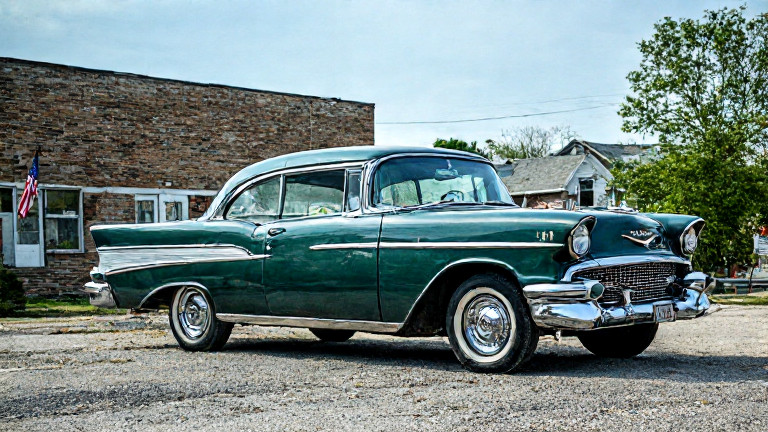 auto mechanic in grease-stained coveralls checking tire pressure on a vintage 1957 Chevrolet at a Vermilion auto shop