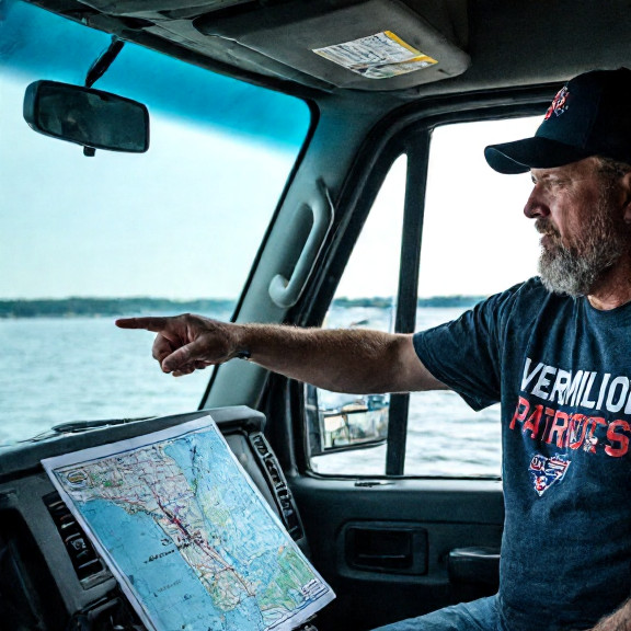 truck driver in a "Vermilion Patriots" t-shirt pointing emphatically at a map of Lake Erie on a dashboard