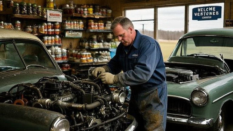 mechanic in grease-stained coveralls examining a vintage car engine in a cluttered garage