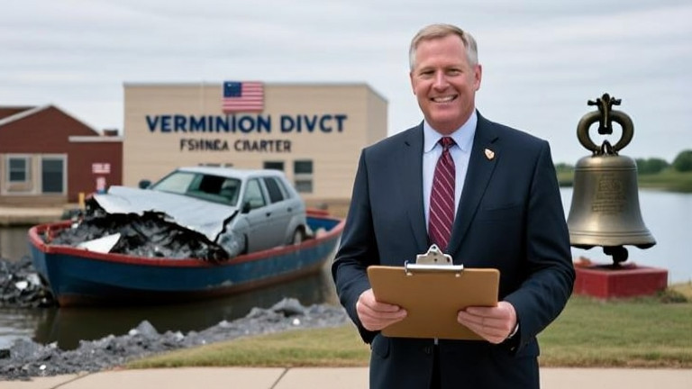 Deputy Assistant to the Patriot Affairs Office Larry Thompson in suit holding clipboard outside Vermilion City Council building