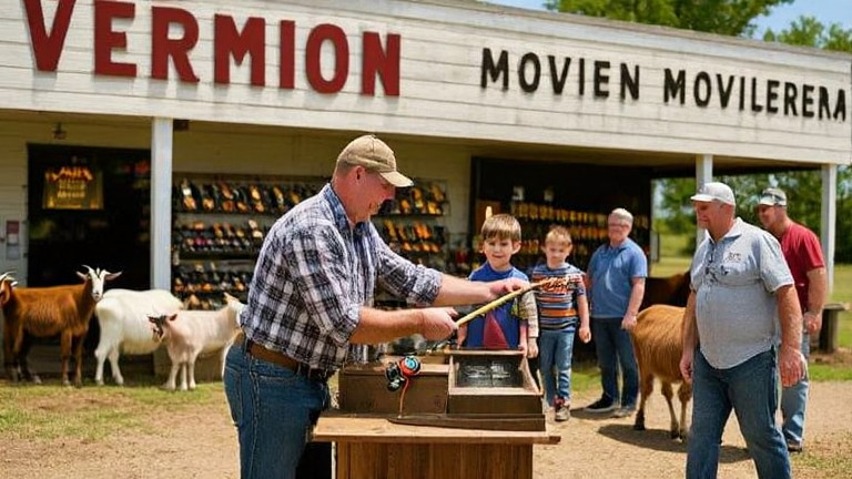 bait shop owner in plaid shirt handing a fishing rod to a child at a small wooden counter inside a sunlit tackle shop